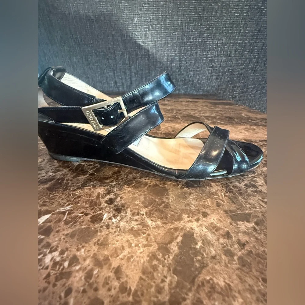 Jimmy Choo. Black Patent Connor Wedge Sandals. Size 37.